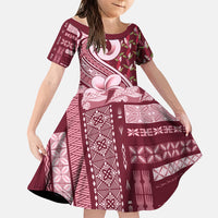Samoa Teuila Family Matching Off Shoulder Short Dress and Hawaiian Shirt Maroon Samoan Siapo Motifs