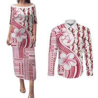 Samoa Teuila Couples Matching Puletasi and Long Sleeve Button Shirt White Samoan Siapo Motifs