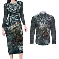 Hawaii Mo'o Lizard God Couples Matching Long Sleeve Bodycon Dress and Long Sleeve Button Shirt Polynesian Style