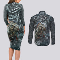 Hawaii Mo'o Lizard God Couples Matching Long Sleeve Bodycon Dress and Long Sleeve Button Shirt Polynesian Style