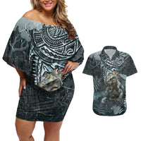 Hawaii Mo'o Lizard God Couples Matching Off Shoulder Short Dress and Hawaiian Shirt Polynesian Style