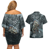 Hawaii Mo'o Lizard God Couples Matching Off Shoulder Short Dress and Hawaiian Shirt Polynesian Style