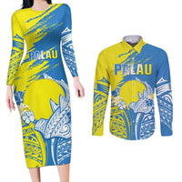 Palau Independence Day Couples Matching Long Sleeve Bodycon Dress and Long Sleeve Button Shirt Happy 30th Anniversary LT05 Blue - Polynesian Pride