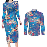 Happy Diwali Festival Couples Matching Long Sleeve Bodycon Dress and Long Sleeve Button Shirt Diya Lamp Rangoli With Polynesian Pattern