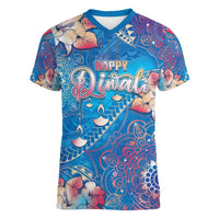 Happy Diwali Festival Women V-Neck T-Shirt Diya Lamp Rangoli With Polynesian Pattern LT05 Female Blue - Polynesian Pride