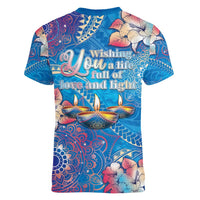 Happy Diwali Festival Women V-Neck T-Shirt Diya Lamp Rangoli With Polynesian Pattern LT05 - Polynesian Pride