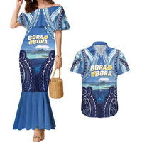 Personalised French Polynesia Bora Bora Couples Matching Mermaid Dress and Hawaiian Shirt Beach Landscape Polynesian Style LT05 Blue - Polynesian Pride