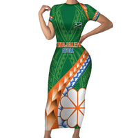 Personalised Marshall Islands Kwajalein Atoll Short Sleeve Bodycon Dress Polynesian Tribal Tattoo LT05 Long Dress Green - Polynesian Pride