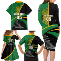 Custom New Zealand And South Africa Rugby Family Matching Long Sleeve Bodycon Dress and Hawaiian Shirt 2023 Springboks Combine All Black Silver Fern LT05 - Polynesian Pride
