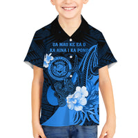 Personalised Hawaii State Motto Kid Hawaiian Shirt Hawaiian Tribal Blue Hammerhead Shark LT05 Kid Blue - Polynesian Pride