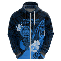 Personalised Hawaii State Motto Zip Hoodie Hawaiian Tribal Blue Hammerhead Shark LT05 - Polynesian Pride