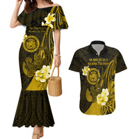 Personalised Hawaii State Motto Couples Matching Mermaid Dress and Hawaiian Shirt Hawaiian Tribal Gold Hammerhead Shark LT05 Gold - Polynesian Pride
