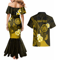 Personalised Hawaii State Motto Couples Matching Mermaid Dress and Hawaiian Shirt Hawaiian Tribal Gold Hammerhead Shark LT05 - Polynesian Pride