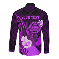 Personalised Hawaii State Motto Long Sleeve Button Shirt Hawaiian Tribal Purple Hammerhead Shark LT05 - Polynesian Pride