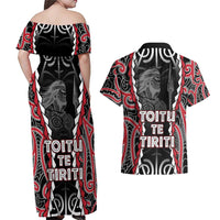 Aotearoa Waitangi Day Couples Matching Off Shoulder Maxi Dress and Hawaiian Shirt Maori Warrior Tribal Tattoo LT05 - Polynesian Pride