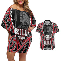 Aotearoa Waitangi Day Couples Matching Off Shoulder Short Dress and Hawaiian Shirt Maori Warrior Tribal Tattoo LT05 Black - Polynesian Pride
