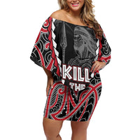 Aotearoa Waitangi Day Family Matching Off Shoulder Short Dress and Hawaiian Shirt Maori Warrior Tribal Tattoo LT05 Mom's Dress Black - Polynesian Pride