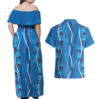 Hawaii Maile Lei Couples Matching Off Shoulder Maxi Dress and Hawaiian Shirt With Blue Monstera Pattern