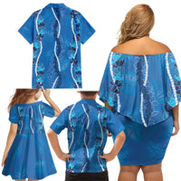 Hawaii Maile Lei Family Matching Off Shoulder Short Dress and Hawaiian Shirt With Blue Monstera Pattern