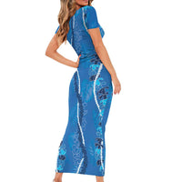 Hawaii Maile Lei Family Matching Short Sleeve Bodycon Dress and Hawaiian Shirt With Blue Monstera Pattern
