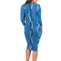 Hawaii Maile Lei Long Sleeve Bodycon Dress With Blue Monstera Pattern