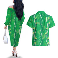 Hawaii Maile Lei Couples Matching Off The Shoulder Long Sleeve Dress and Hawaiian Shirt With Green Monstera Pattern