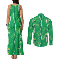 Hawaii Maile Lei Couples Matching Tank Maxi Dress and Long Sleeve Button Shirt With Green Monstera Pattern