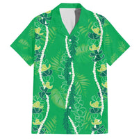 Hawaii Maile Lei Family Matching Off The Shoulder Long Sleeve Dress and Hawaiian Shirt With Green Monstera Pattern