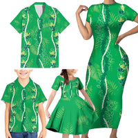 Hawaii Maile Lei Family Matching Short Sleeve Bodycon Dress and Hawaiian Shirt With Green Monstera Pattern