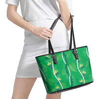 Hawaii Maile Lei Leather Tote Bag With Green Monstera Pattern LT05 - Polynesian Pride