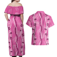 Hawaii Maile Lei Couples Matching Off Shoulder Maxi Dress and Hawaiian Shirt With Pink Monstera Pattern