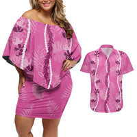 Hawaii Maile Lei Couples Matching Off Shoulder Short Dress and Hawaiian Shirt With Pink Monstera Pattern