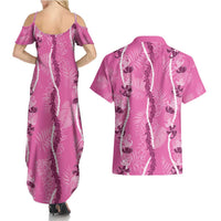 Hawaii Maile Lei Couples Matching Summer Maxi Dress and Hawaiian Shirt With Pink Monstera Pattern