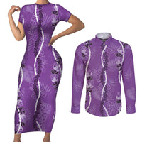 Hawaii Maile Lei Couples Matching Short Sleeve Bodycon Dress and Long Sleeve Button Shirt With Violet Monstera Pattern