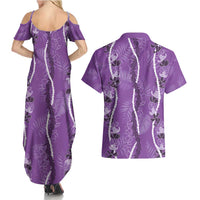 Hawaii Maile Lei Couples Matching Summer Maxi Dress and Hawaiian Shirt With Violet Monstera Pattern