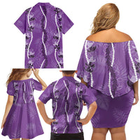 Hawaii Maile Lei Family Matching Off Shoulder Short Dress and Hawaiian Shirt With Violet Monstera Pattern