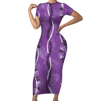 Hawaii Maile Lei Family Matching Short Sleeve Bodycon Dress and Hawaiian Shirt With Violet Monstera Pattern