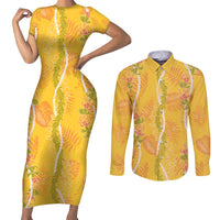 Hawaii Maile Lei Couples Matching Short Sleeve Bodycon Dress and Long Sleeve Button Shirt With Yellow Monstera Pattern