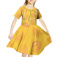 Hawaii Maile Lei Kid Short Sleeve Dress With Yellow Monstera Pattern