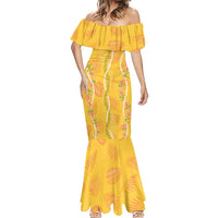 Hawaii Maile Lei Mermaid Dress With Yellow Monstera Pattern
