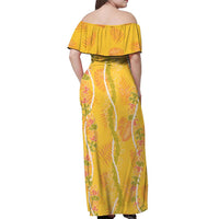 Hawaii Maile Lei Off Shoulder Maxi Dress With Yellow Monstera Pattern