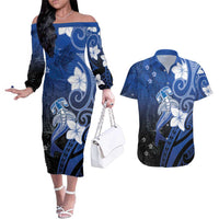 Polynesia Hammerhead Shark Couples Matching Off The Shoulder Long Sleeve Dress and Hawaiian Shirt Blue Tribal Pattern With Plumeria LT05 Blue - Polynesian Pride
