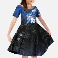 Polynesia Hammerhead Shark Family Matching Off The Shoulder Long Sleeve Dress and Hawaiian Shirt Blue Tribal Pattern With Plumeria LT05 Daughter's Dress Blue - Polynesian Pride