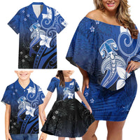 Polynesia Hammerhead Shark Family Matching Off Shoulder Short Dress and Hawaiian Shirt Blue Tribal Pattern With Plumeria LT05 - Polynesian Pride