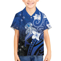 Polynesia Hammerhead Shark Family Matching Off Shoulder Short Dress and Hawaiian Shirt Blue Tribal Pattern With Plumeria LT05 Son's Shirt Blue - Polynesian Pride