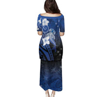 Polynesia Hammerhead Shark Family Matching Puletasi and Hawaiian Shirt Blue Tribal Pattern With Plumeria - Polynesian Pride