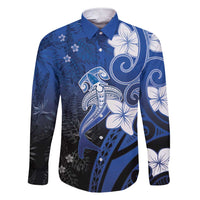 Polynesia Hammerhead Shark Family Matching Short Sleeve Bodycon Dress and Hawaiian Shirt Blue Tribal Pattern With Plumeria LT05 Dad's Shirt - Long Sleeve Blue - Polynesian Pride