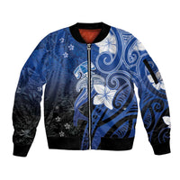 Polynesia Hammerhead Shark Sleeve Zip Bomber Jacket Blue Tribal Pattern With Plumeria LT05 Unisex Blue - Polynesian Pride