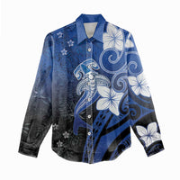 Polynesia Hammerhead Shark Women Casual Shirt Blue Tribal Pattern With Plumeria LT05 - Polynesian Pride
