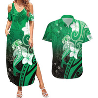 Polynesia Hammerhead Shark Couples Matching Summer Maxi Dress and Hawaiian Shirt Green Tribal Pattern With Plumeria - Polynesian Pride